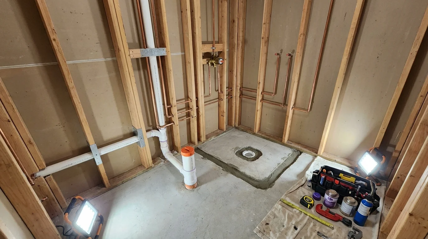 Bathroom rough-in plumbing during remodel by Johns Plumbing LLC in Glenn Dale
