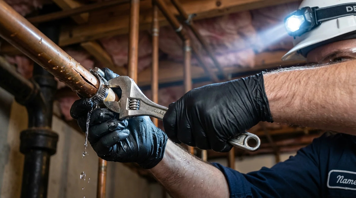 Emergency pipe clamp repair being performed by a Johns Plumbing LLC plumber in Glenn Dale