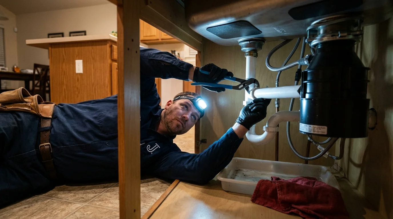 P-trap and supply line connections under a kitchen sink showing a common leak point in Glenn Dale, MD